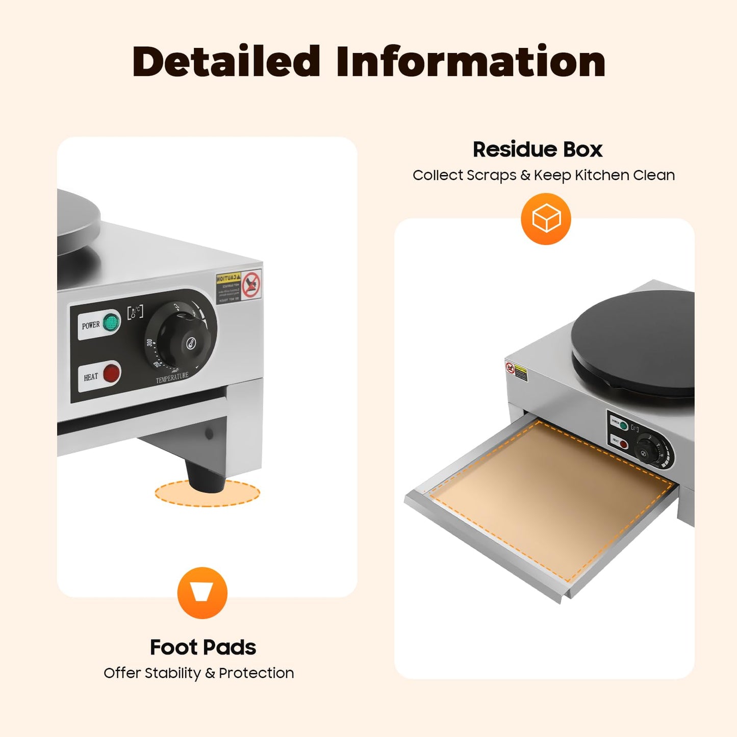 Electric Crepe Maker, 40cm with pull-out tray Crepe maker Built-in thermostat 50-300°C infinitely adjustable 3KW Crepe pancake machine.