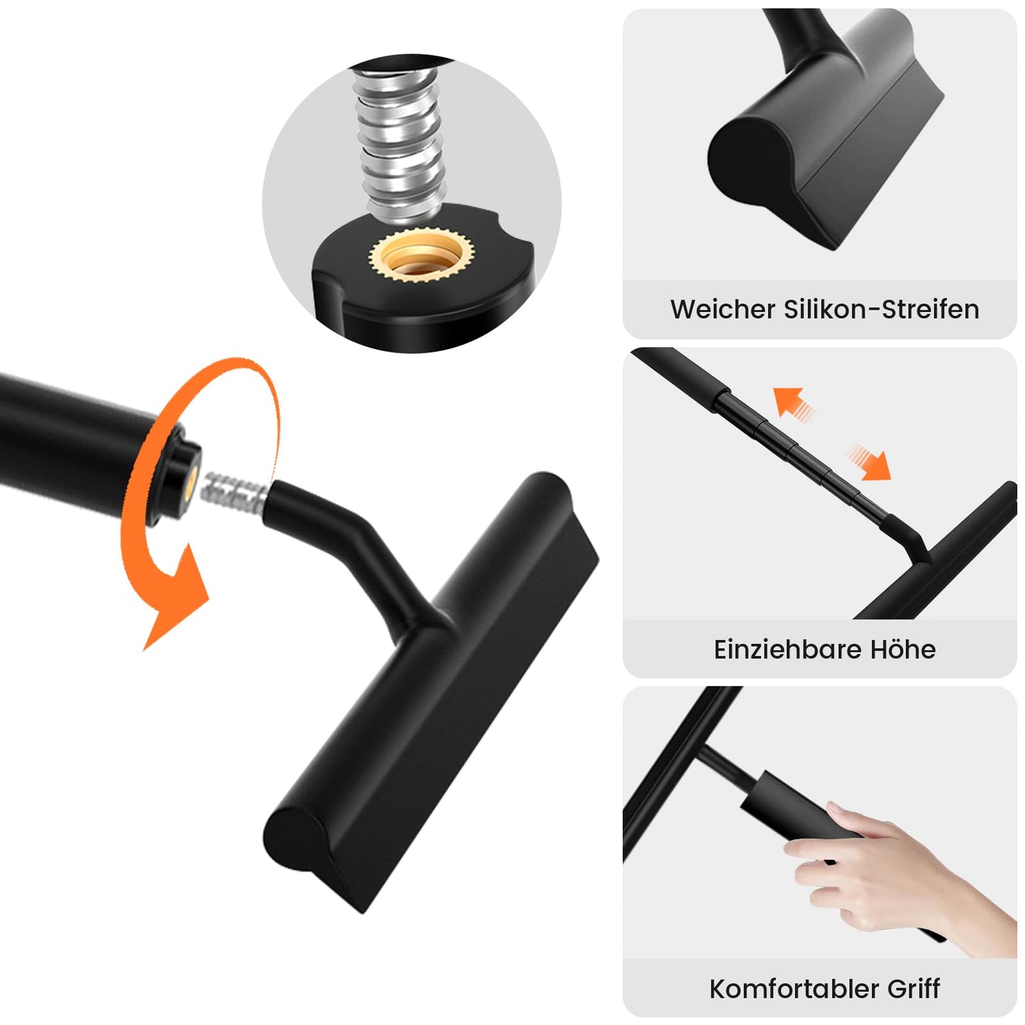FIVAVA Shower Squeegee Extendable Black, Squeegee with Telescopic Pole, Silicone Shower Squeegee, Black Squeegee for Windows, Floors, and Shower Cabins.