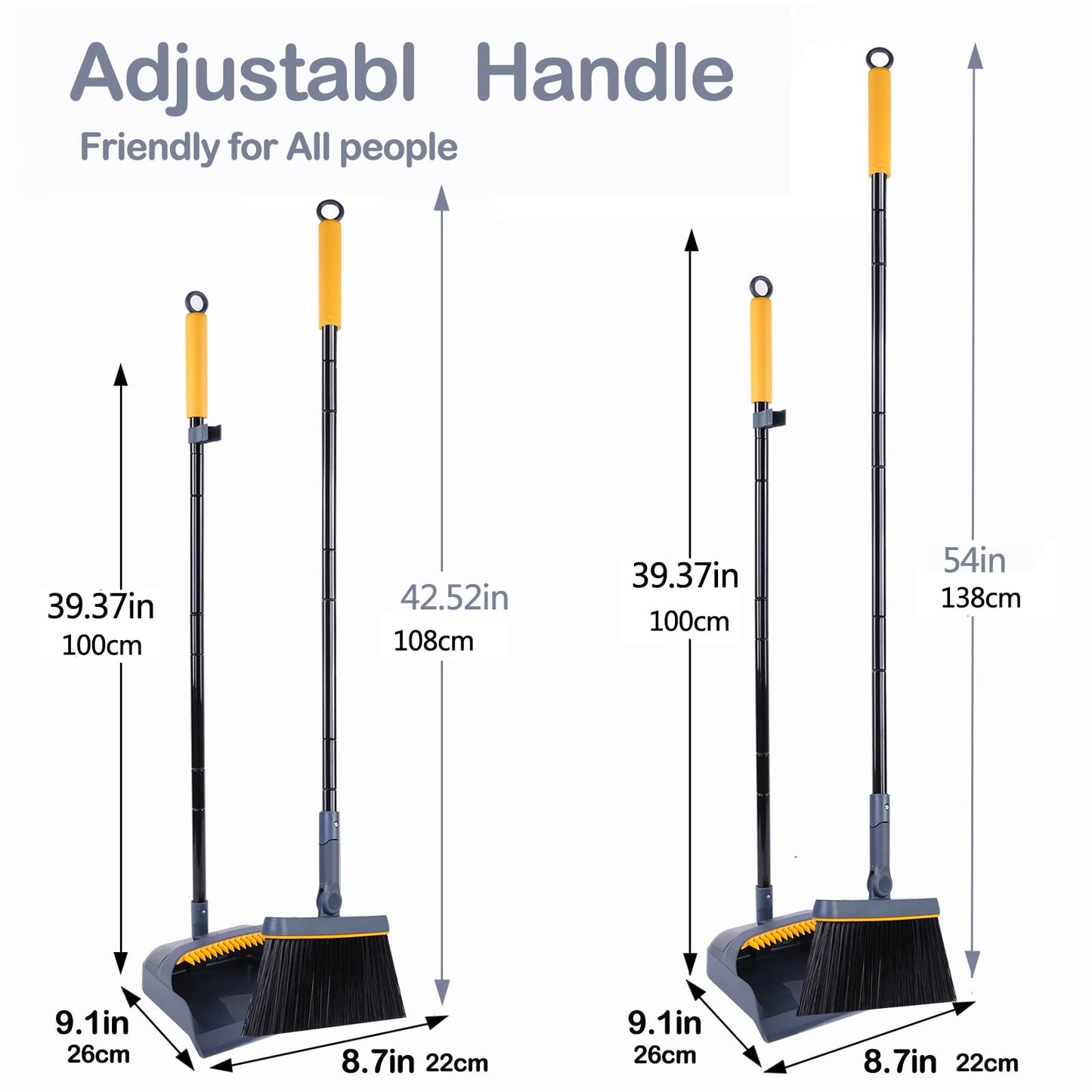 JEHONN Broom and Dustpan Set with Long Handle, 180 Degree Rotatable Sweeper and Dustpan Combo for Home, Office, Lobby Cleaning