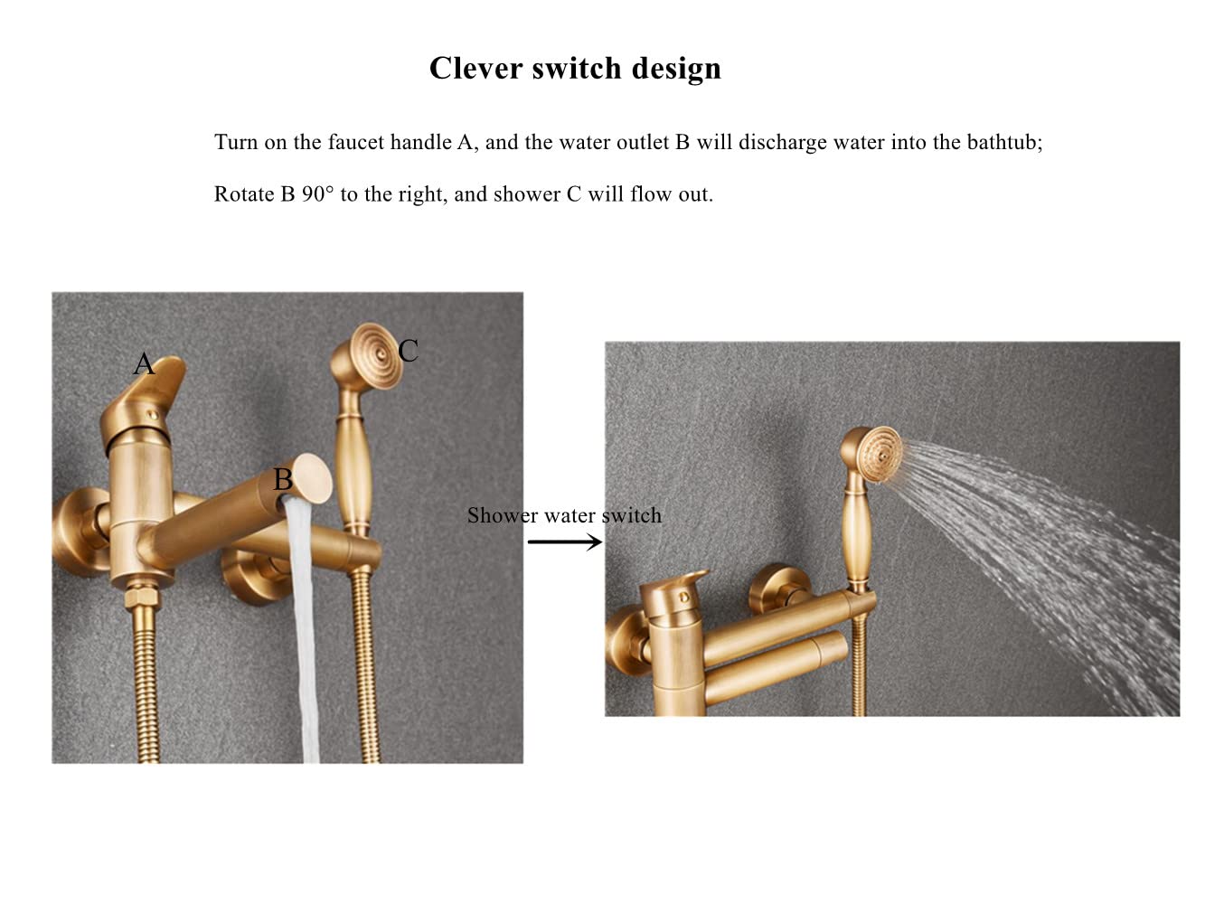 KOPYFANTAP Retro bathtub faucet with handheld shower brass antique, wall-mounted bathtub mixer tap shower set, 90° rotatable spout 15cm.