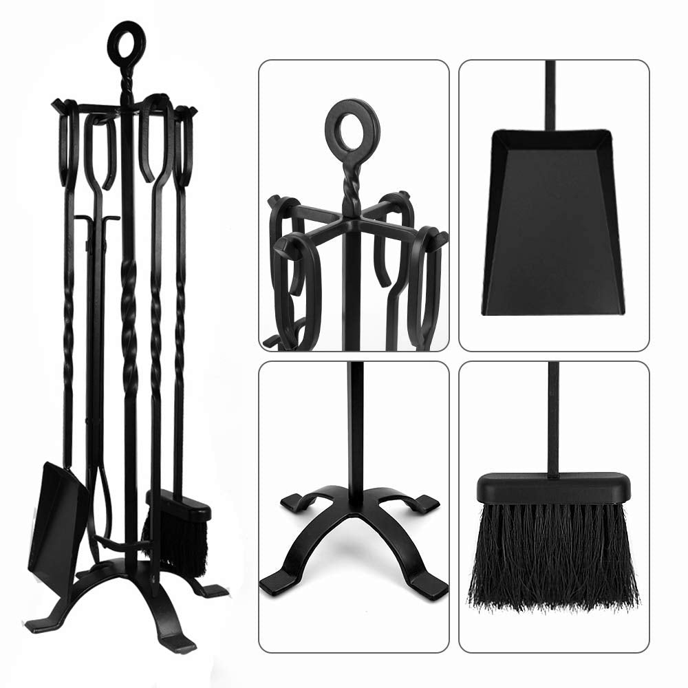 AMAGABELI 32" 5-piece fireplace tool set with wrought iron and interior fireplace accessories fireplace stand tongs shovel ash brush chimney poker black