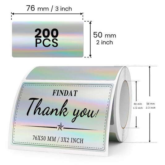 FINDAT Silver Laser Thermal Labels 76 x 50 mm Vinyl Roll Self-Adhesive Holographic Thermal Stickers Waterproof Rectangle Printer Labels for Office DIY Design Barcode Shipping 200 Pieces