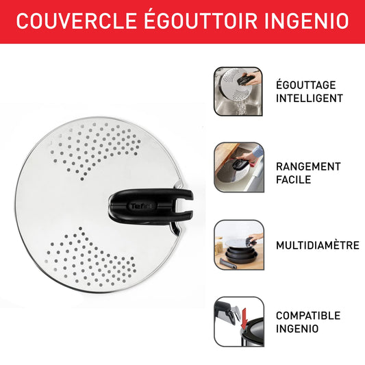 Tefal Ingenio draining lid, stainless steel, easy storage, various diameters, Ingenio, dishwasher safe, L9829402, stainless steel and black, lid for draining racks 14-20 cm.