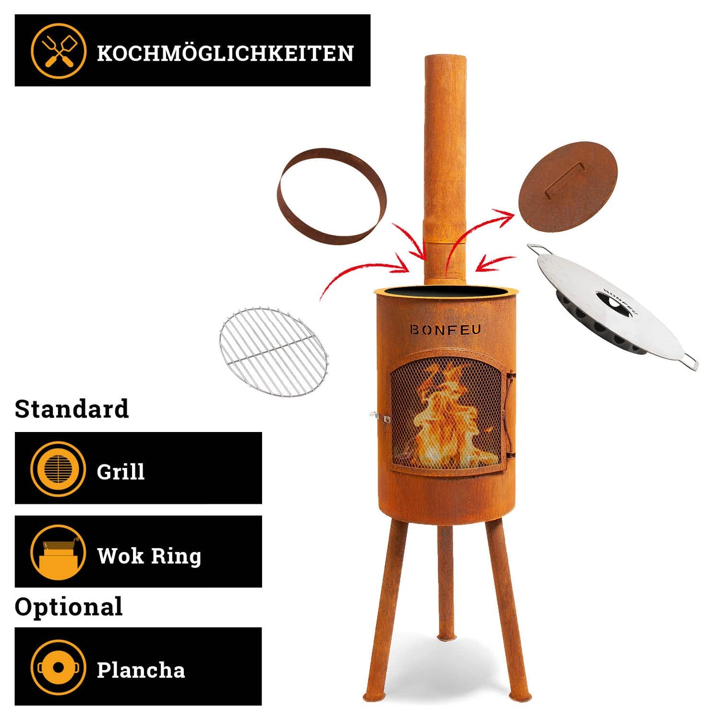 BonFeu Bongiano SP rust - patio fireplace - fire pit with spark protection for relaxing evenings - outdoor fire column - patio fireplace with grill grate - garden oven made of high-quality steel - 30x30x142cm