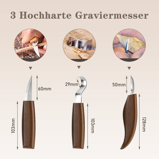 Wood Carving Tool Set, KAQ 32 in 1 Carving Kit with 15 Carving Knives, 6 Pieces of Lime Wood for Carving, Sharpening Stone, and cut-resistant gloves. Carving tool set for beginners and kids.