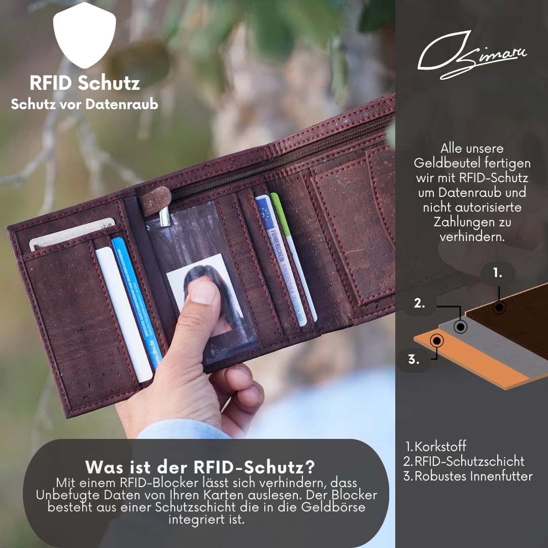 Simaru cork wallet with RFID protection, vegan purse for women & men, holds 10+ cards, bills & coins.