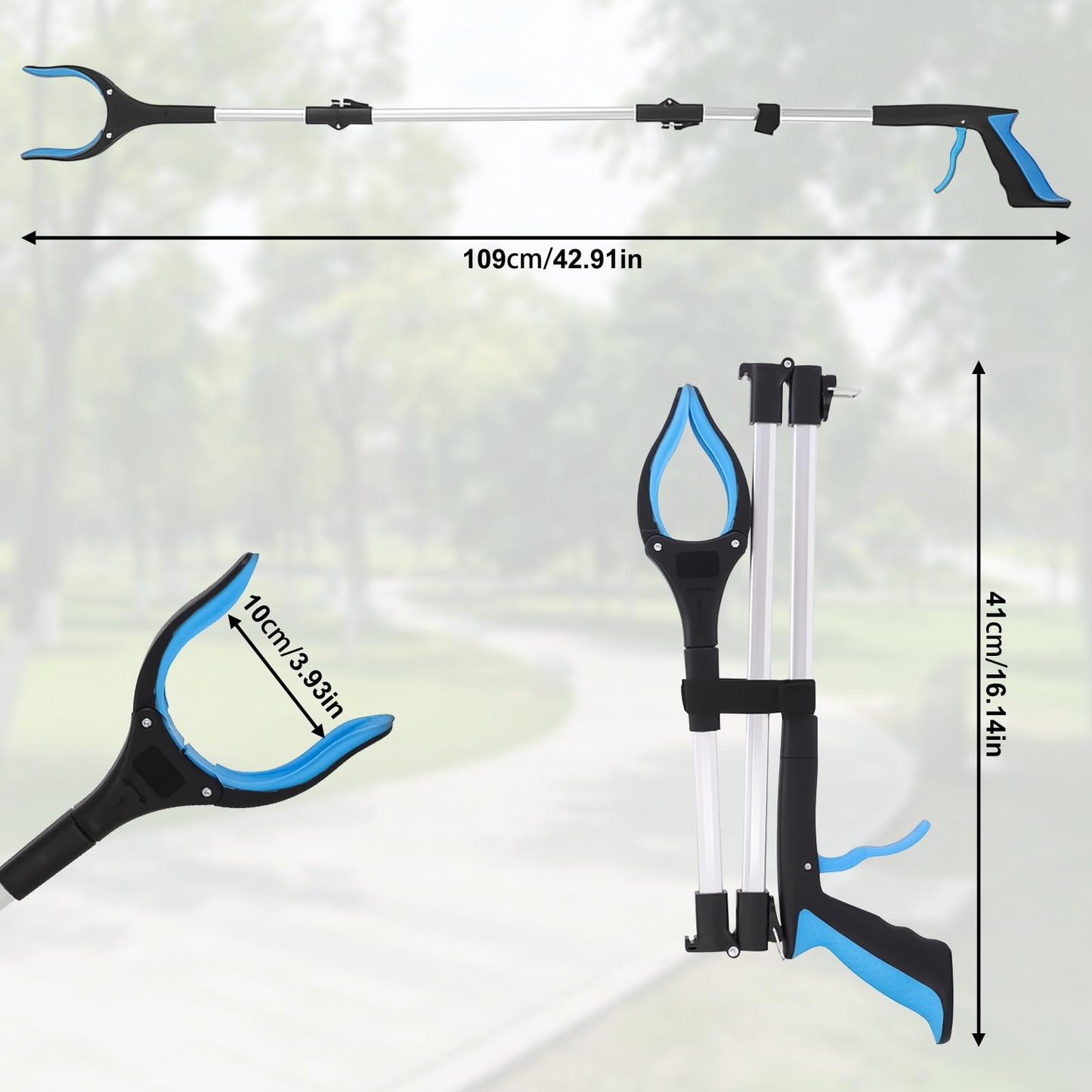 mumisuto 2 piece 109 cm grabber for seniors with 360° rotating head, foldable aluminum trash picker with extra long reach arm, grabber for seniors with magnetic tips.