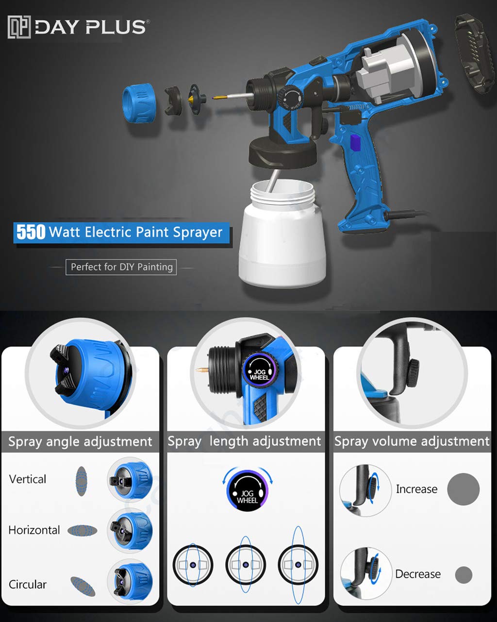 550W Paint Sprayer Electric Spray Gun with 3 spray patterns, 800ml capacity, 100-450ml/Min, adjustable airflow, and color control.