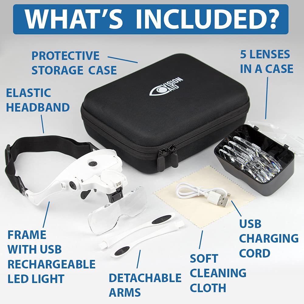 Vision Aid magnifying glass with LED light 5 lenses headband protective storage case glasses magnifier hands-free illuminated head-mounted magnifier for hobby crafting macular degeneration painting eyeglass wearers close work