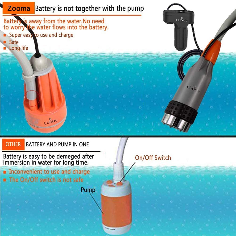 Zooma camping shower with pump, outdoor camping shower, garden shower outside, portable shower with submersible pump battery for camping.