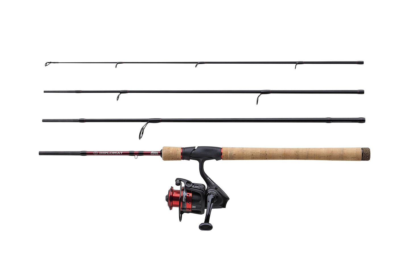 Abu Garcia Diplomat V2 Travel Combo, rod and reel, perfect for traveling, spinning, lure fishing, comes with hard case, available in various lengths and casting weights, black/red.