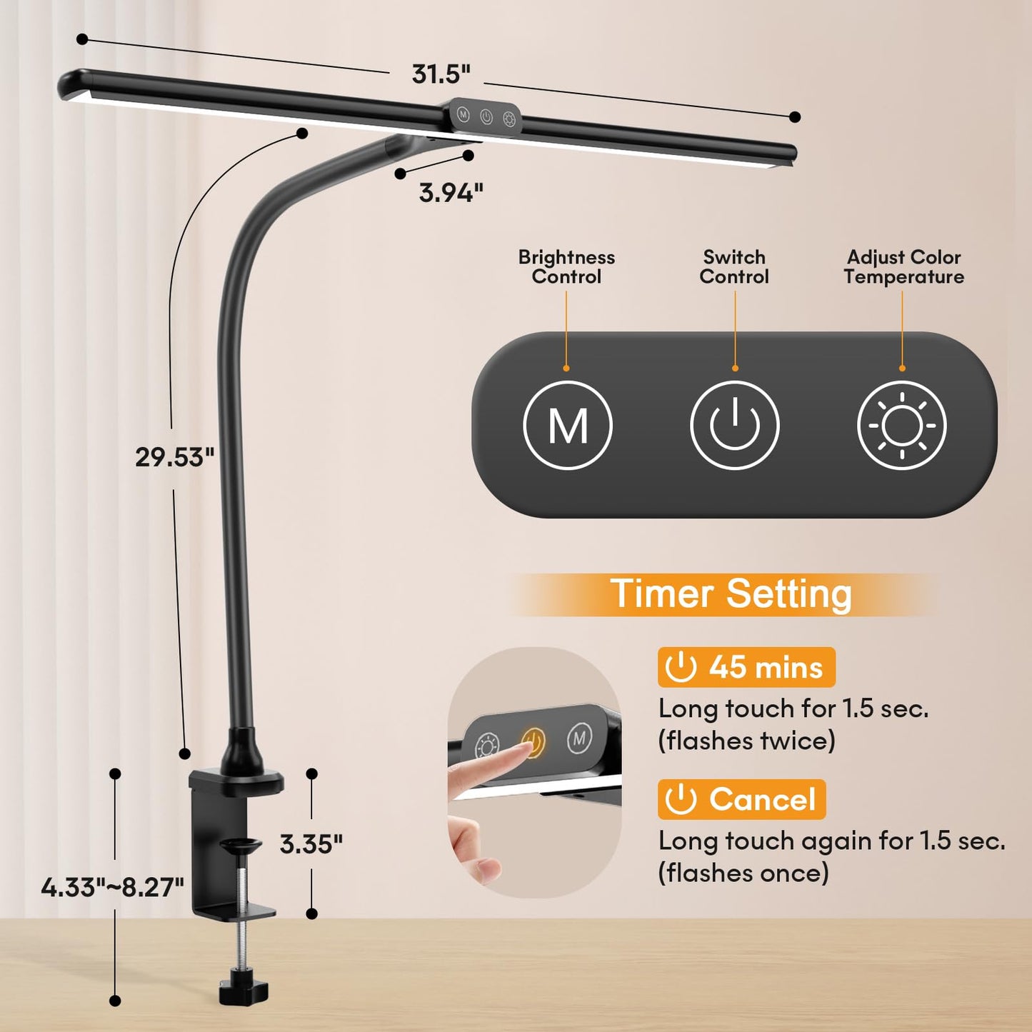 Hokone desk lamps for Home Office, 31.5" wide architect desk lamp with clamp, tall office lamp dimmable, black task light with timer, bright gooseneck lamp for workbench.