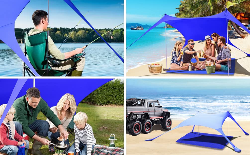 Cuupo beach tent, pop-up, 2x2.1m, SPF 50, Lycra, outdoor sun protection, anti-wind, stability poles, backyard with beach blanket, royal blue.
