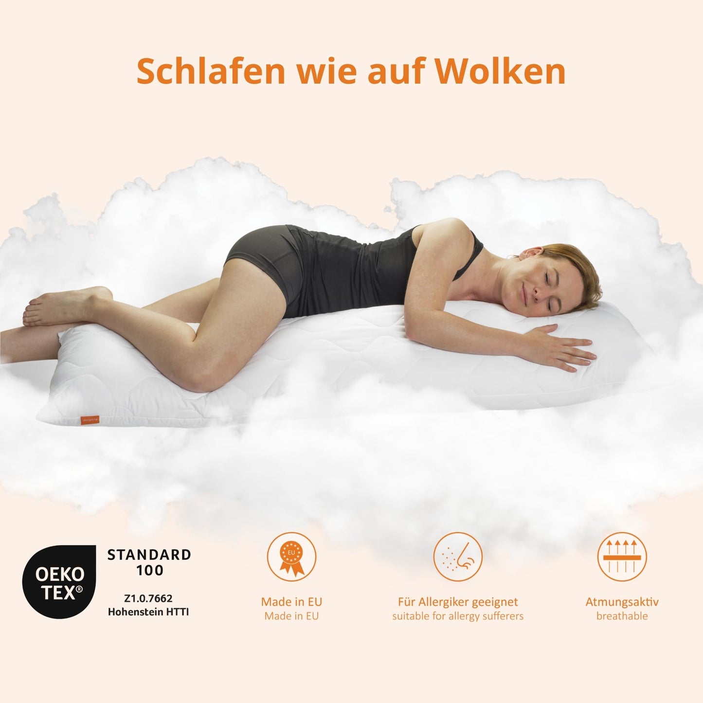 Side sleeper pillow 40 x 200 cm, body pillow with 100% soft microfiber cover, guaranteed fill quantity, 60 degree washable, Ökotex certified.