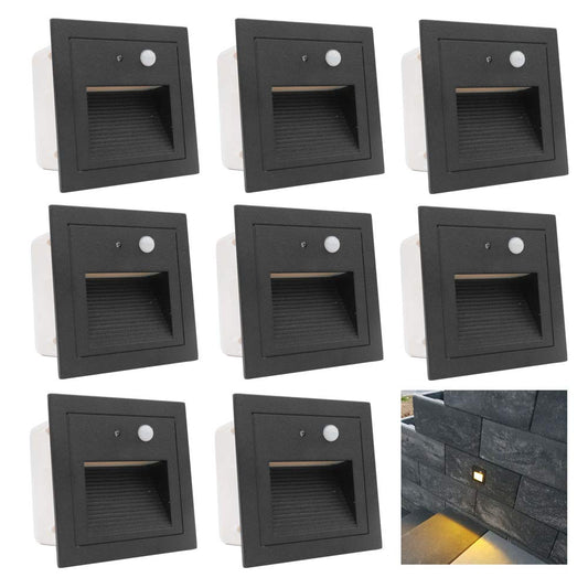Arote 8th 3W LED stair light with motion sensor 3000K IP65 Square recessed wall light wall light wall-mounted spotlight step light lighting lamp, indoor outdoor black aluminum 230V warm white, sensor