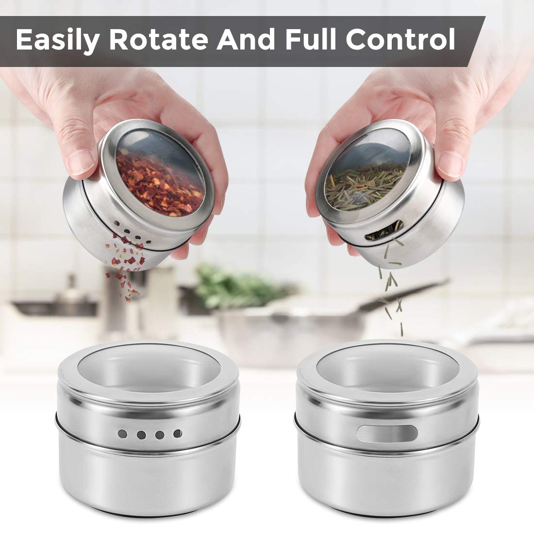 Aiyola magnetic spice jars 12-piece set with wall base, stainless steel lids easy to clean includes 120 labeling stickers