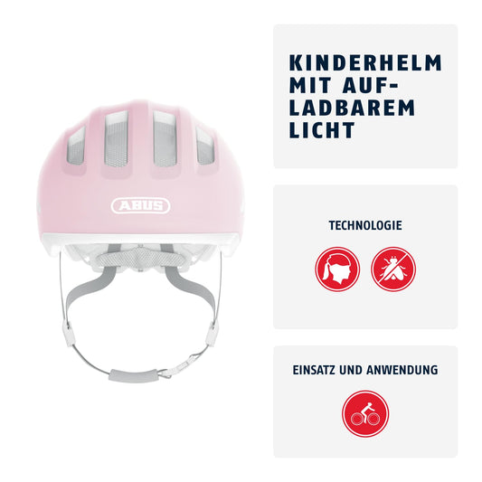 ABUS children's helmet Smiley 3.0 ACE LED - bicycle helmet with light - deep fit & space for a ponytail - for girls and boys - Pure Rose, size S
