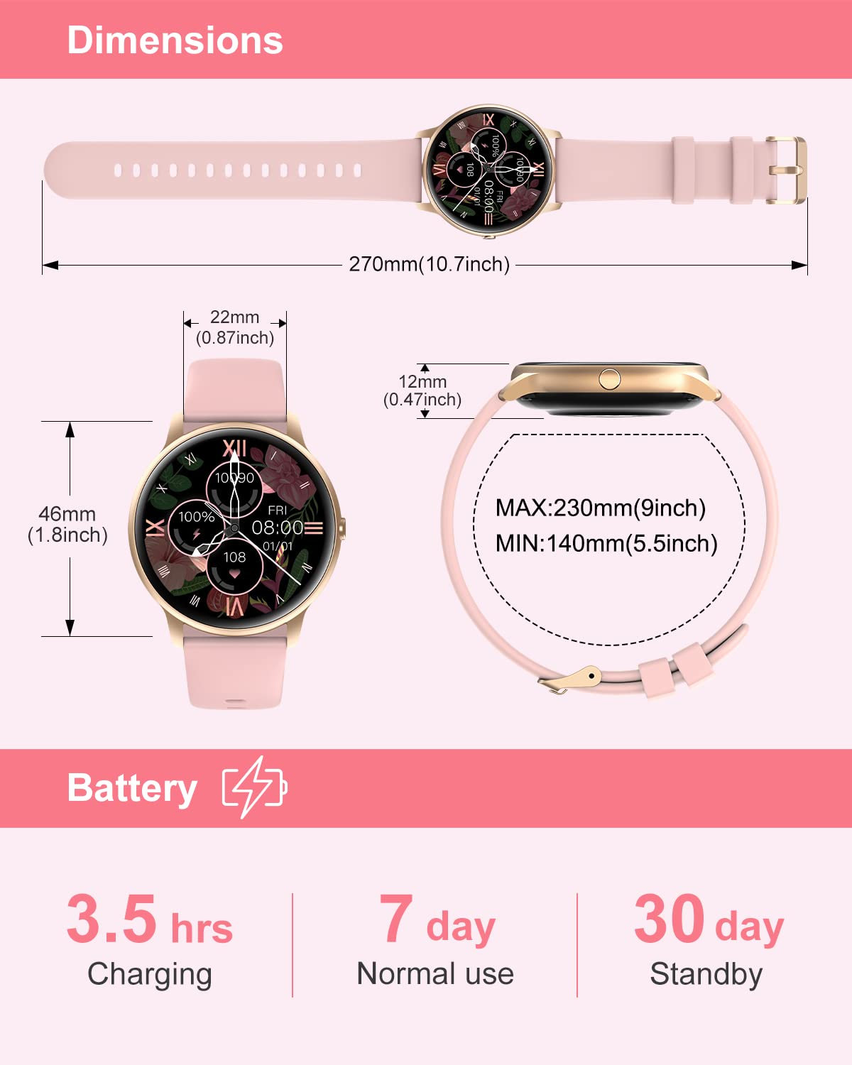 GRV Round Smartwatch for women and men with heart rate monitor, pedometer, sleep tracker, 7 days battery life, personalized watch face.