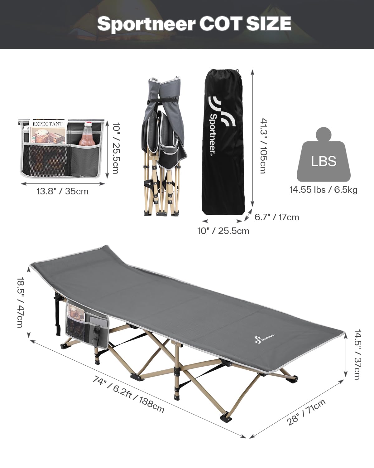 Sportneer folding camp bed with pad, 188X71cm, 204KG Camping bed set foldable XXL with collapsible mattress for adults, outdoor, garden, camping, travel, indoor