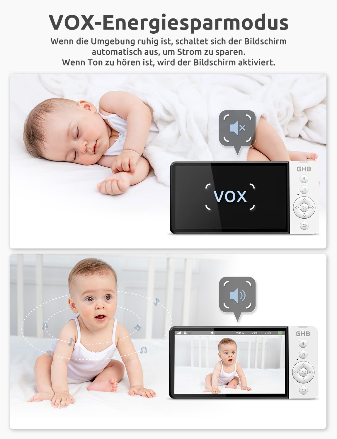 GHB baby monitor with camera 5 inch 720P HD 5000mAh IPS display VOX mode digital zoom night vision two-way talk temperature display ABM700