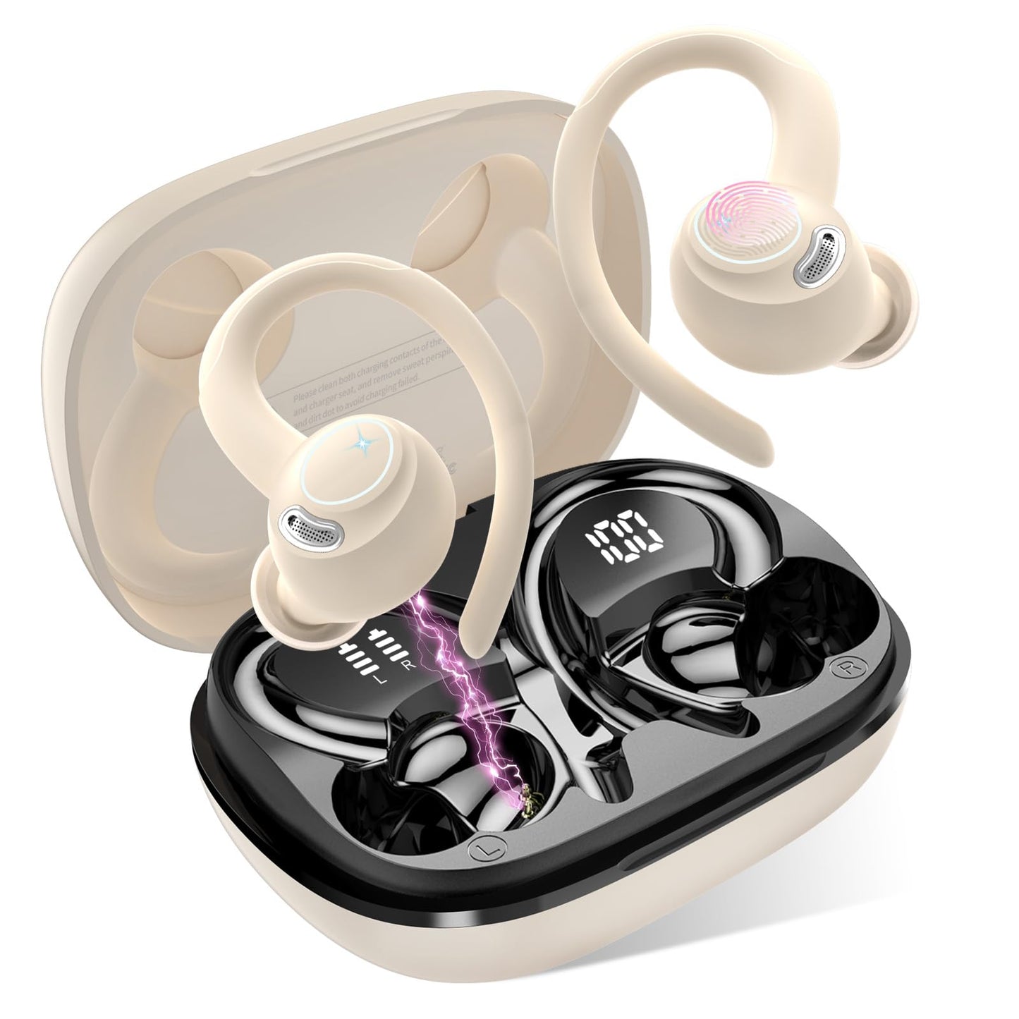 Bluetooth Sport Earphones, Wireless in-Ear Headphones with Bluetooth 5.3, HD Mic, Outstanding Sound, 40 Hrs Playtime, Comfort Fit, Dual LED Display, IP7 Waterproof Earbuds with Ear Hooks, Beige.