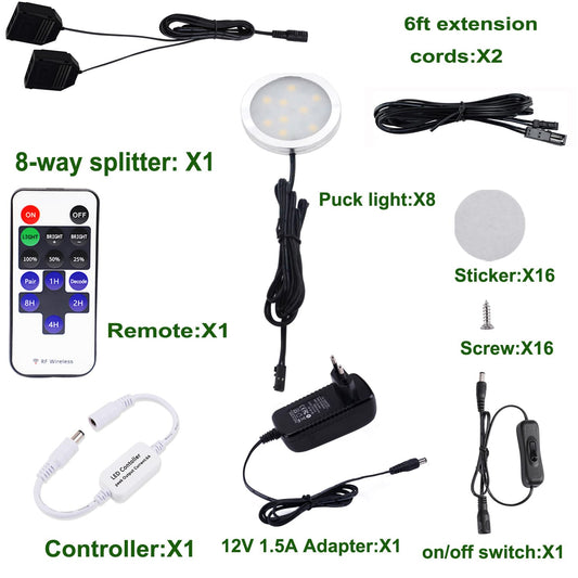 AIBOO LED Cabinet Lights 8pcs Complete Set, Under Cabinet Lighting with Remote Control, Kitchen Lamps, Display Cabinet Lighting Daylight White 6000K, LED Under Cabinet Light Set Including all Accessories