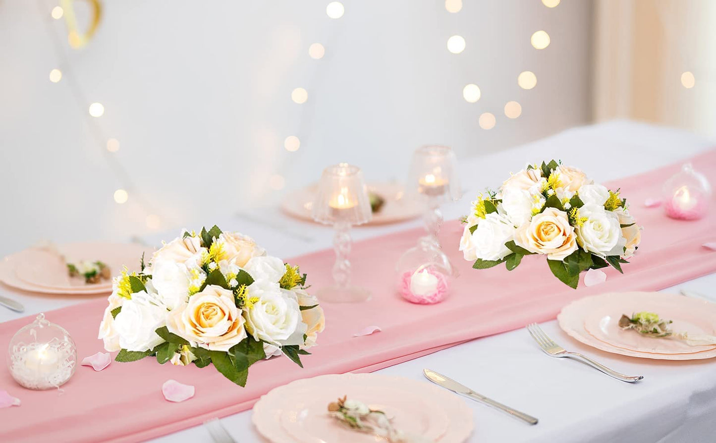 BLOSMON bouquet artificial flower arrangements 10 Pcs Champagne & White Artificial Flower Bouquet Table Decoration Flower Ball Valentines Day Wedding Mother's Day Gift