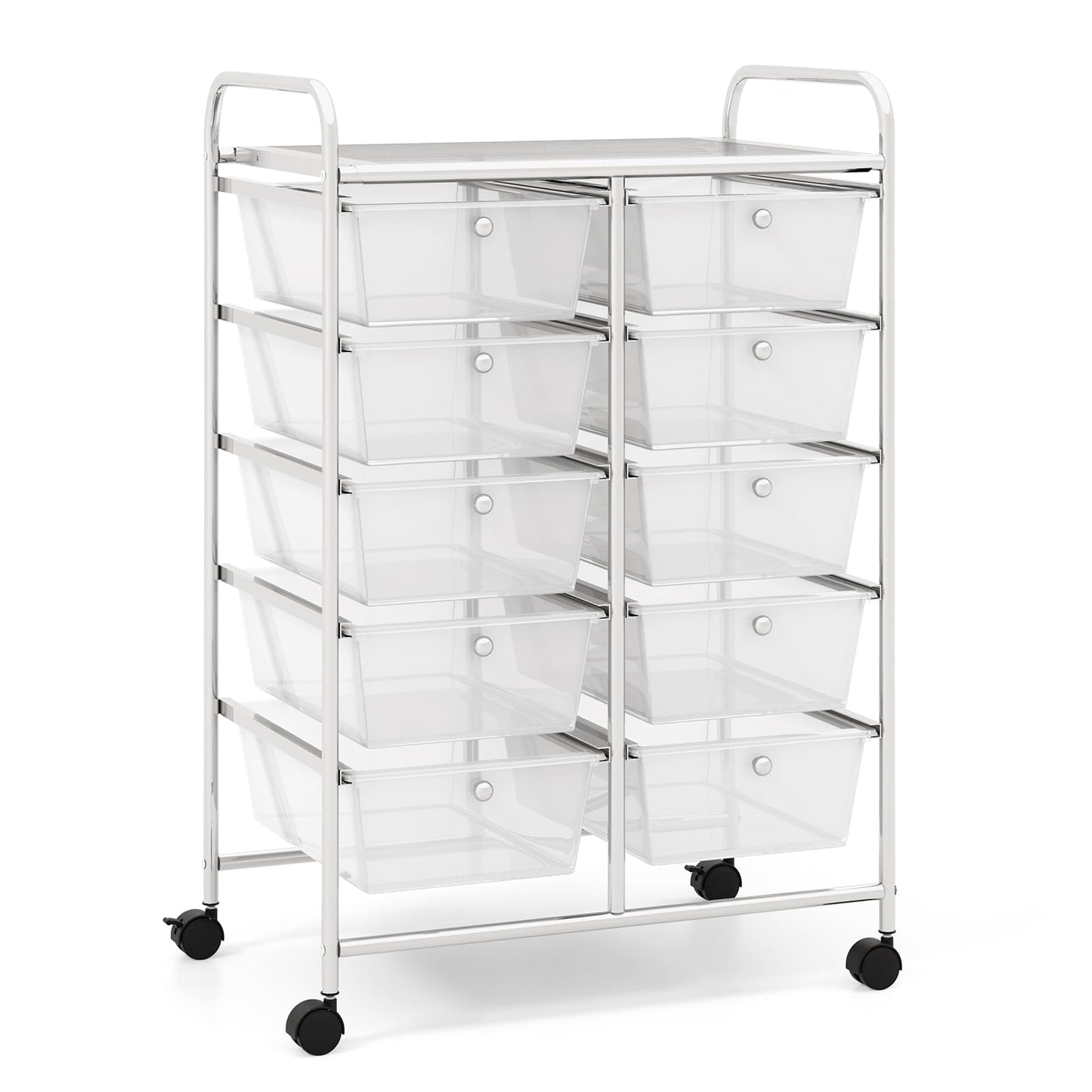 COSTWAY rolling cart with 10 stackable drawers, drawers cart with metal frame and shelf, bathroom trolley storage cart for office, living room, 65.5 x 37 x 87 cm.