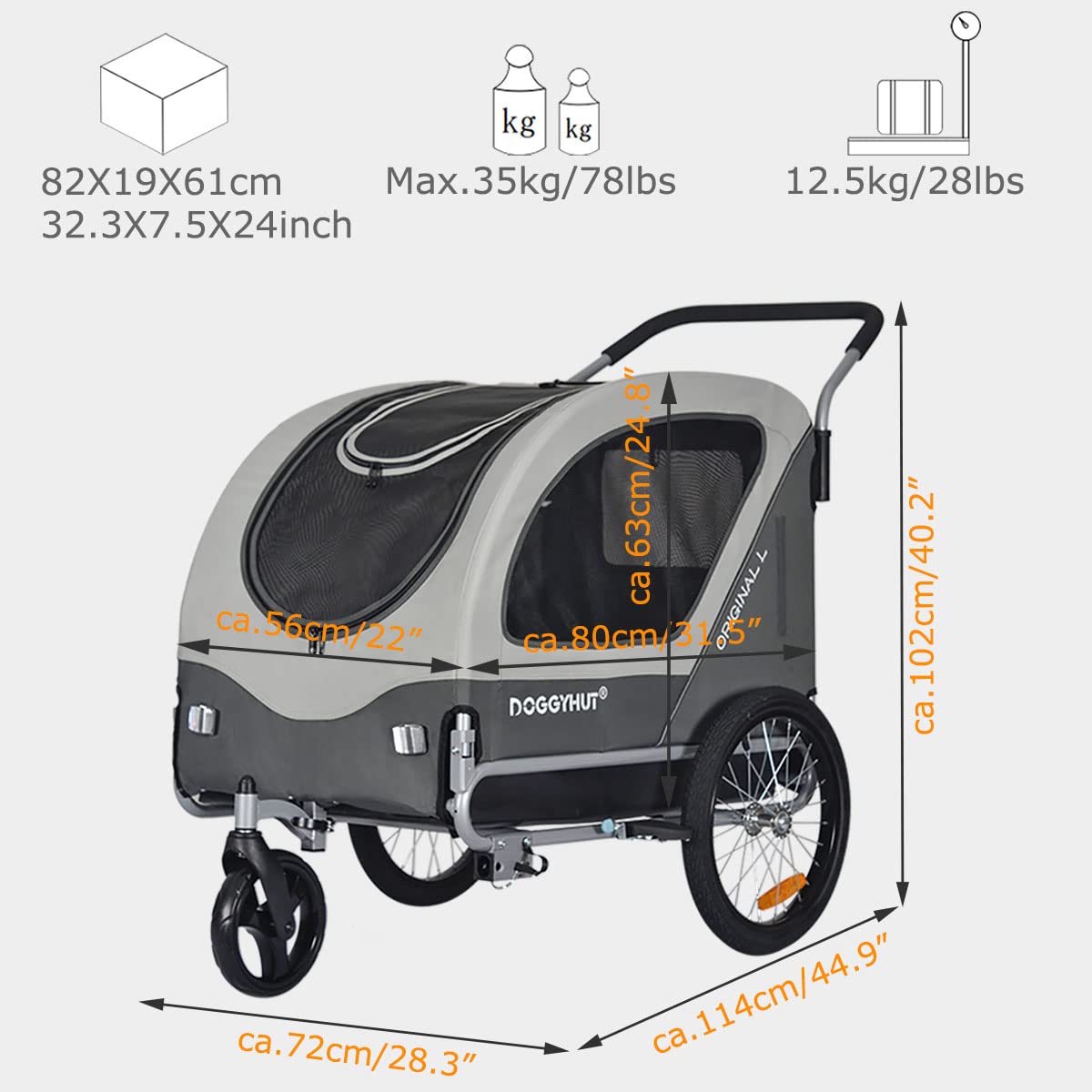 Doggyhut Original Large Bike Trailer & Dog Stroller 2 in 1 for dogs up to 35kg. Dog trailer jogger with locking brake Tiggo 80405