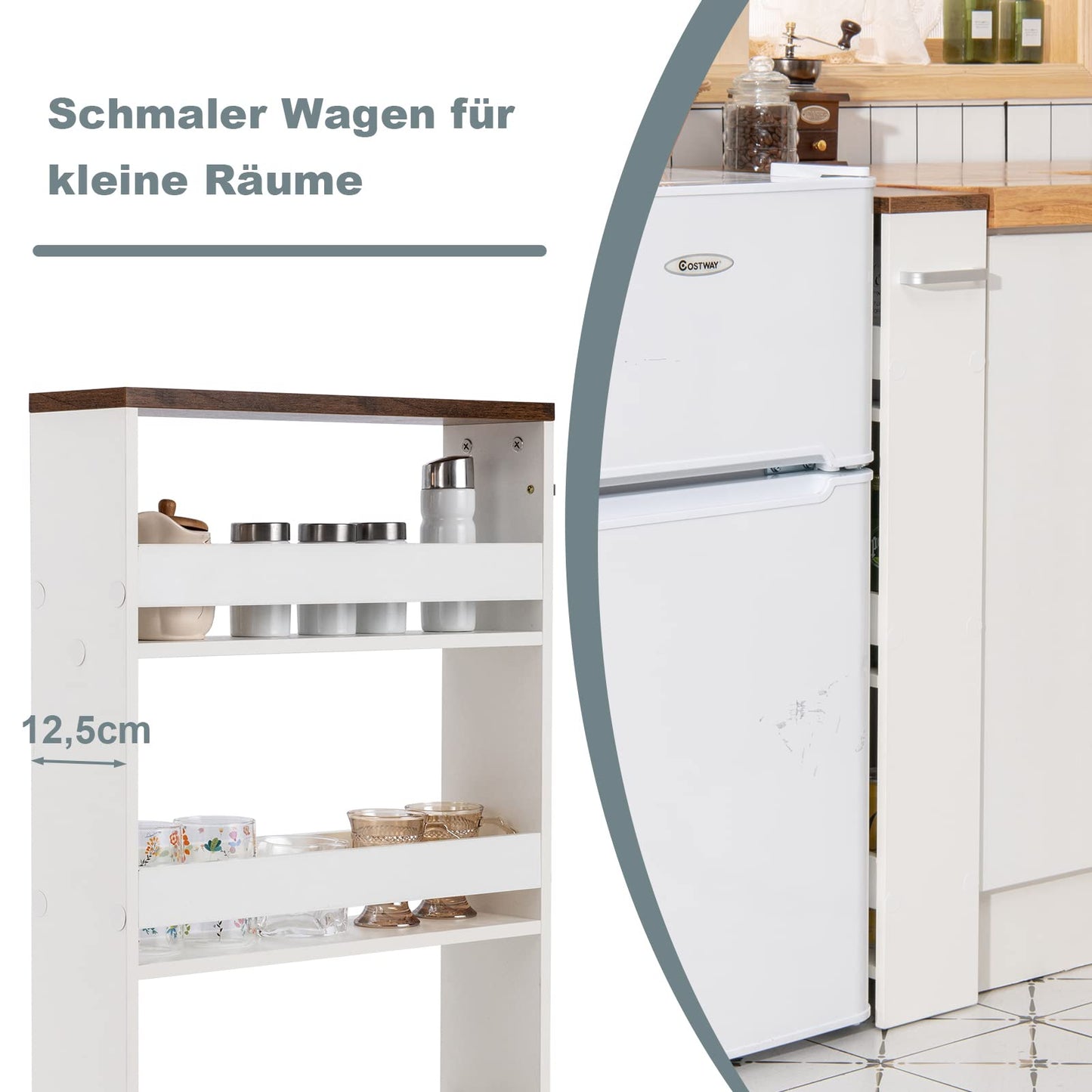 COSTWAY 4-tier rolling narrow kitchen trolley, bathroom shelf with side handle, made of wood, 48 x 13 x 81 cm (white + brown)