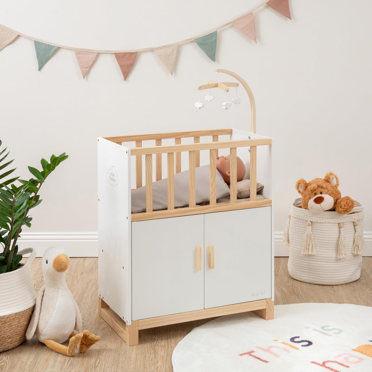 ELLA & PIET® Doll Bed Cozy with Wardrobe and Mobile made of Wood (White-Mud)
