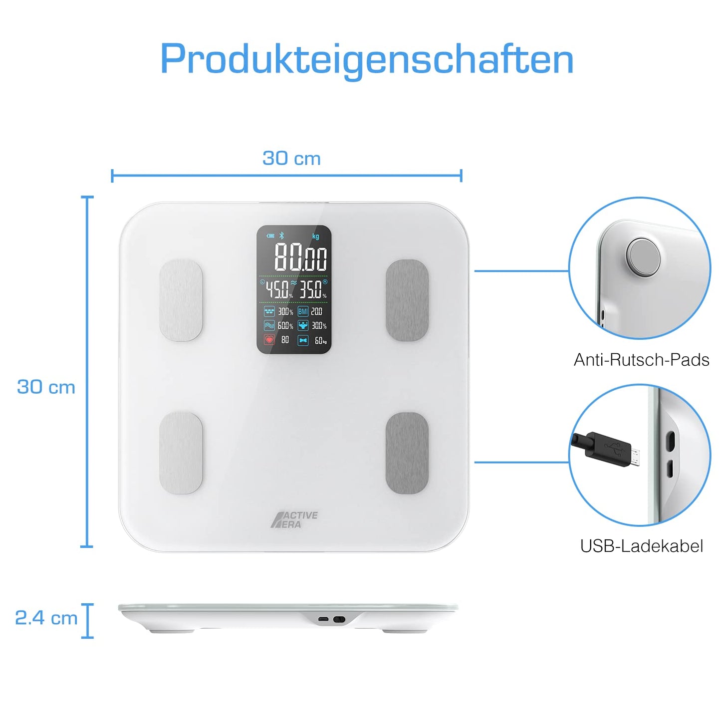 Active Era Bluetooth digital body scale with large LED display - Bluetooth body fat scale with 16 measurements, highly accurate body weight, Body Mass Index (BMI), Free smartphone app (White)