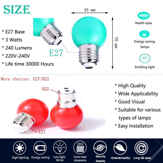 V-TOO LED Colorful E27 Colored Bulbs 3W=30W Decorative Light and Design 240 Lumens AC220V-240V LED Decoration Lamp Mixed Colors Red Yellow Blue Green Purple - 40 Pack