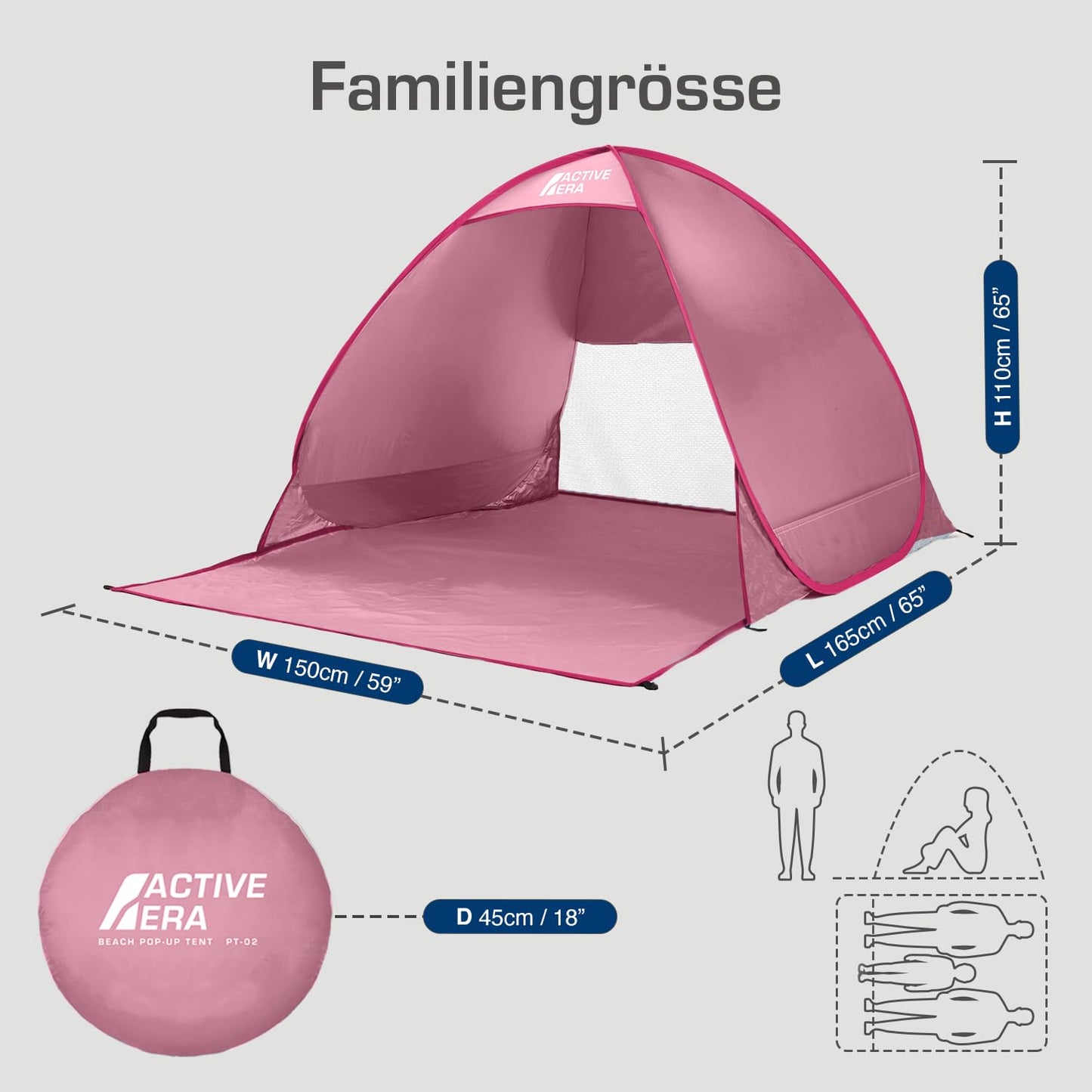 Active Era Pop Up Beach Shelter with UV Protection, UPF 50+ Beach Tent, Windbreak Shelter, Tent for 2-3 people including carrying bag and pegs - Pink