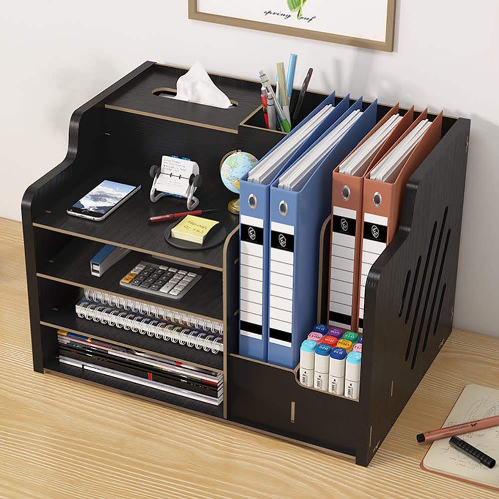 Wooden desktop organizer, large capacity, tidy storage holder, DIY office supplies, storage box for A4 papers, documents, and notebooks (JB07 Black).