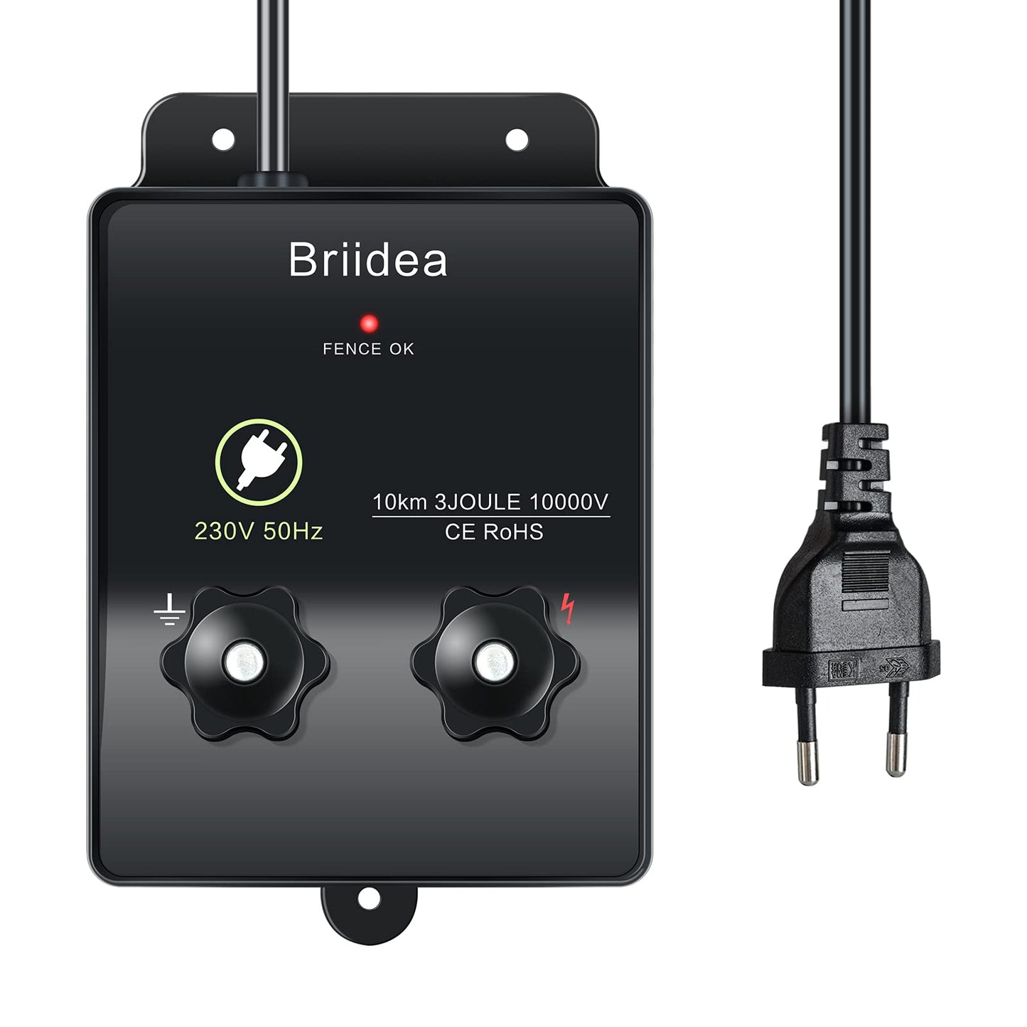 230V electric fence energizer, Briidea 6.2 miles electric fence energizer for dog fence, livestock fence, squirrel, used for gardens, chicken coops, Easy installation, 3 Joules