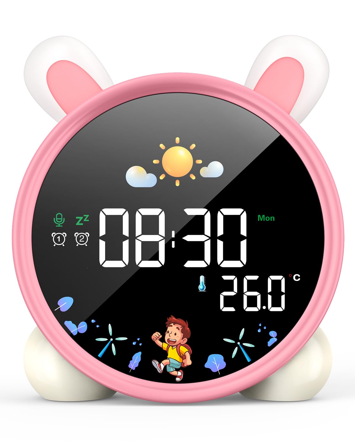 Lemnoi alarm clock for kids, kids sleep trainer for boys and girls, battery powered kids alarm clock light with night light, countdown, snooze function, 3 brightness levels, and colorful light.