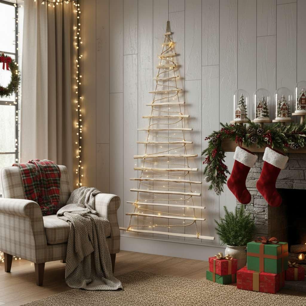 Handmade Christmas tree 205 cm high, made of hazelnut wood | Decorative ornaments | with 10m LED lights | Wooden plates connected by a 6mm thick jute rope.