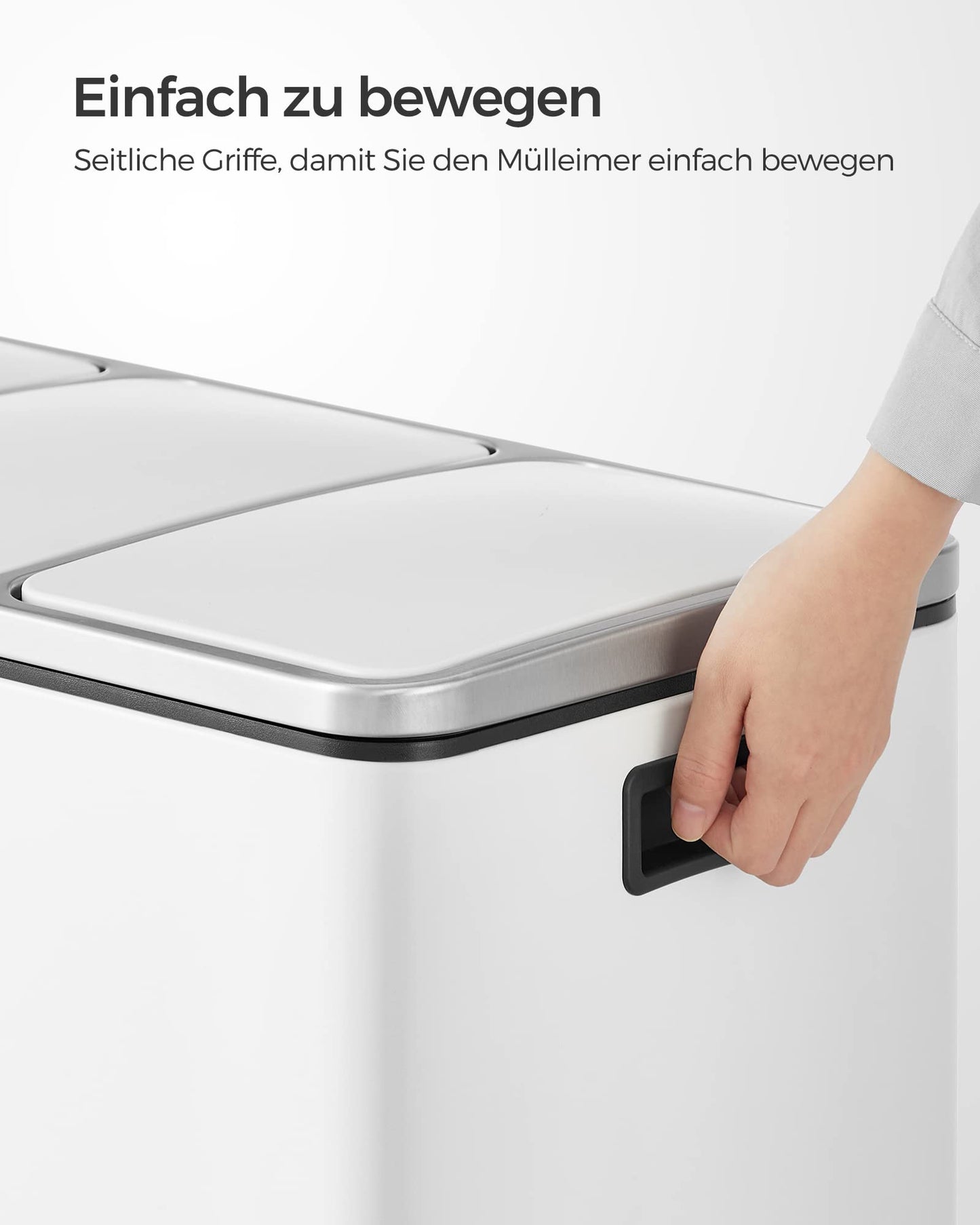 SONGMICS Kitchen Trash Can, 3 x 18 L, Waste Separation System with 3 Compartments, includes 15 trash bags, Trash Bin, Step Bin, for recyclable waste, organic waste, with lid, cloud white LTB54WT