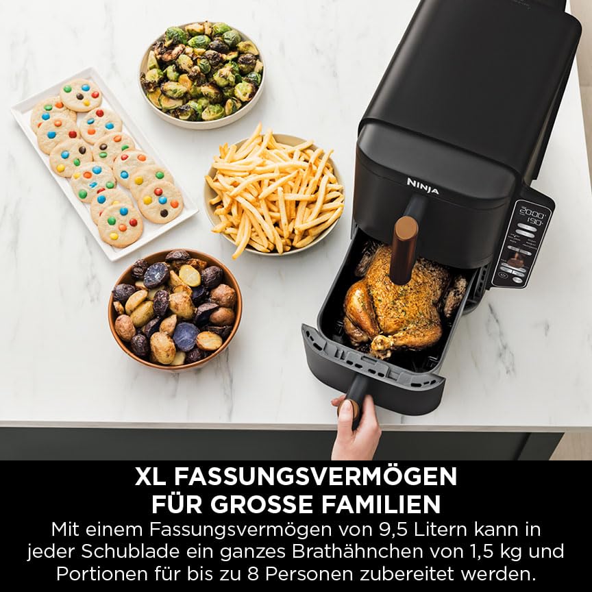 Ninja Double Stack XL Air Fryer, 2 vertical drawers, 4 cooking levels, space-saving design, 9.5L capacity, 6 functions, 8 portions, tongs, Black/Copper SL400EUCP