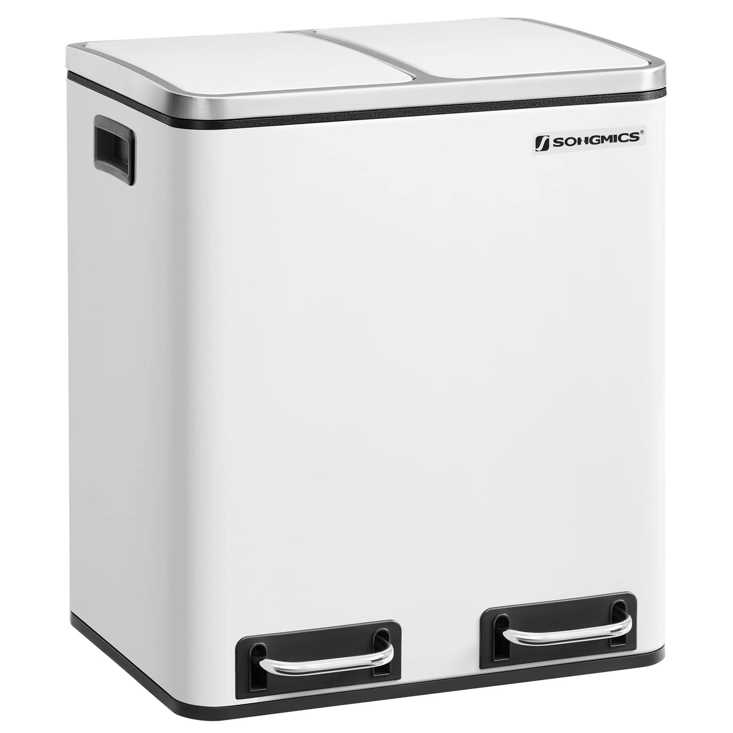 SONGMICS Kitchen Trash Cans, 2 x 15 liters, Waste Separation System 2 compartments, including 15 garbage bags, Trash can, Pedal bin, recyclable waste, organic waste, Soft-close lid, cloud white LTB30WT