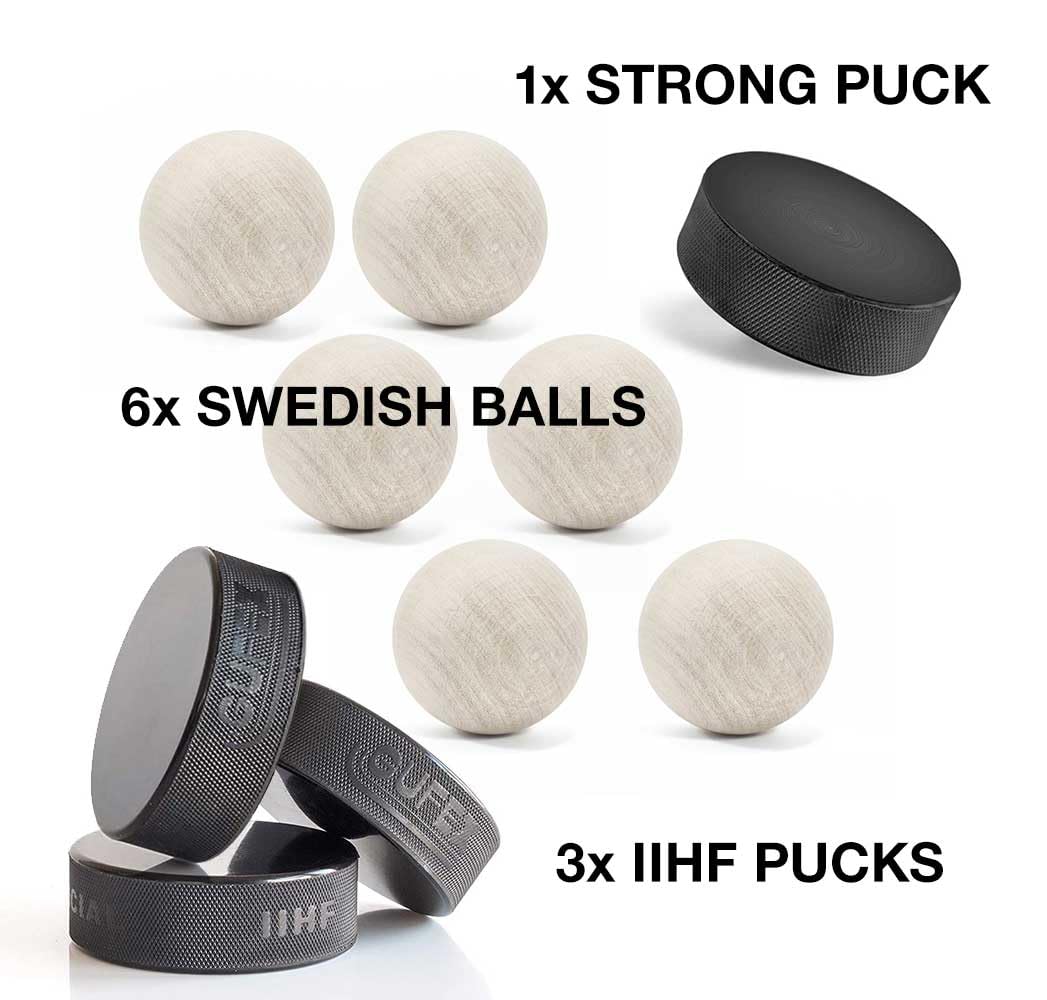 Hockey Revolution Essentials Kit - Swedish wooden stickhandling balls with hockey pucks and durable plastic puck - training tools without bounce.