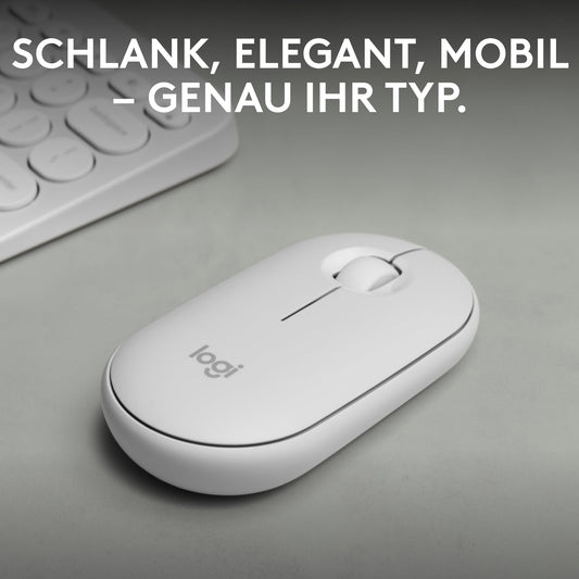 Logitech Pebble Mouse 2 M350 is a slim wireless Bluetooth mouse, mobile, lightweight, customizable button, quiet clicks, Easy-Switch for Windows, macOS, iPadOS, Android, ChromeOS - White