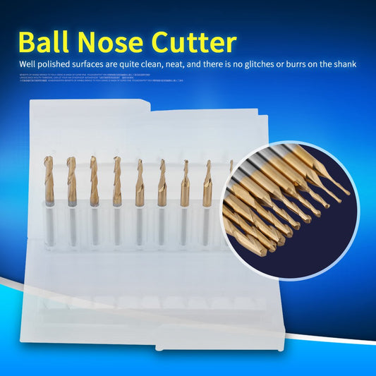 Milling ball nose end mill, titanium coating ball head cutter with 3.175mm shank, CNC ball end mill machine ball nose milling cutter bits, 1 * 4 / 1.5 * 6 / 2 * 8 / 2.5 * 12 / 3.175 * 12mm. 10 pieces.