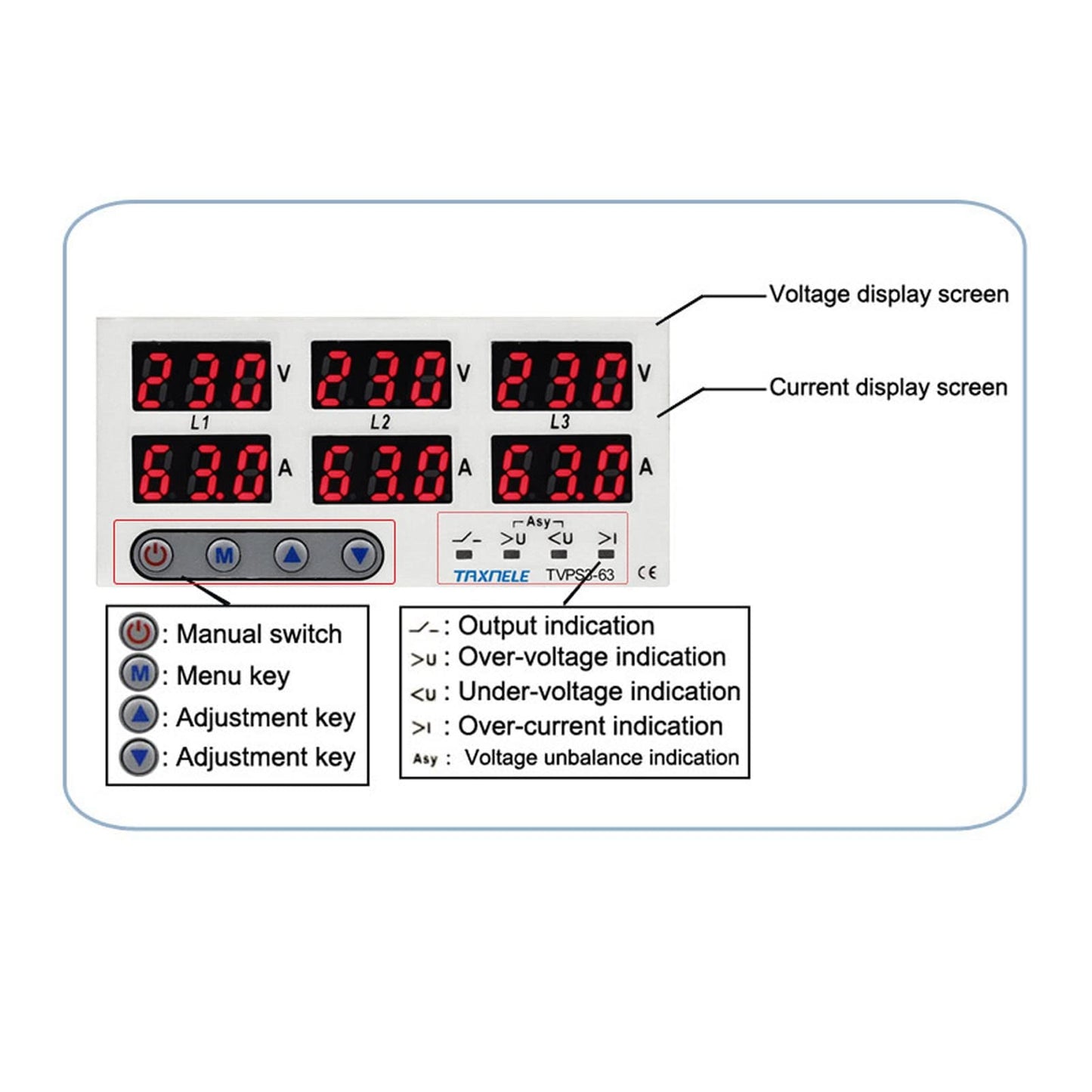 3-phase DIN rail voltmeter power meter, AC 390-500V digital ammeter automatic overvoltage overcurrent protection, 3-phase watt-kWh-ampere electricity tester (40A)