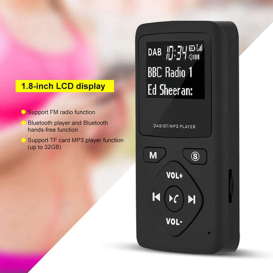 Portable DAB/DAB+ radio, Bluetooth MP3 player with headphones, support for TF card, pocket digital radio receiver for hiking, sports, outdoor activities.