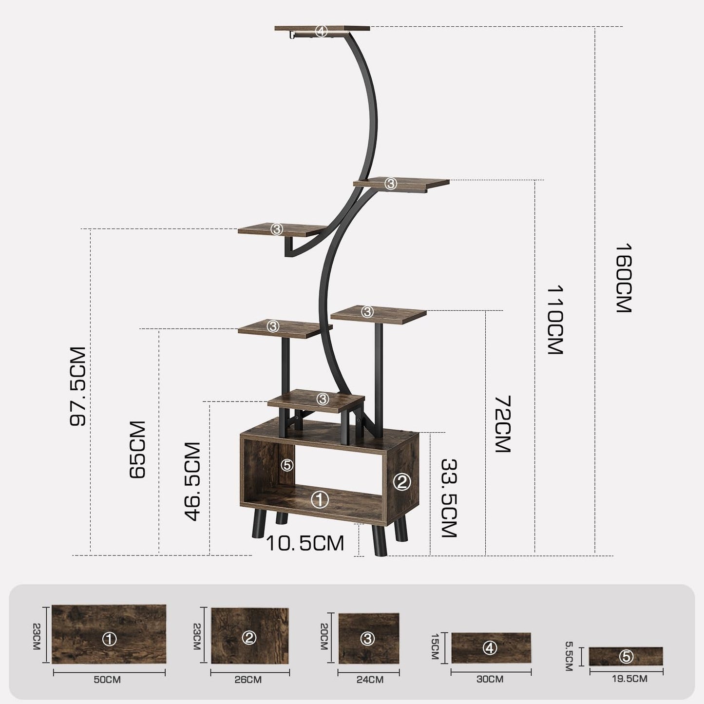 ShineMuse Plant Stand with Growth Light 160cm, Wood and Metal Flower Stand with LED Growth Light, 7-Tier Metal Plant Shelf with Legs for Outdoor and Indoor, Living Room, Balcony, Bedroom