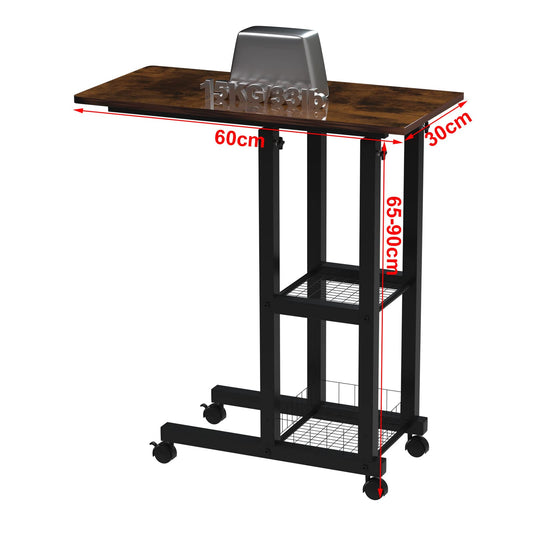 PIPIPOXER side table with wheels laptop table, computer desk height adjustable desk made of wood with 60x30x65cm table top and 4 swivel 360° wheels for computer, laptop, bedroom, office black