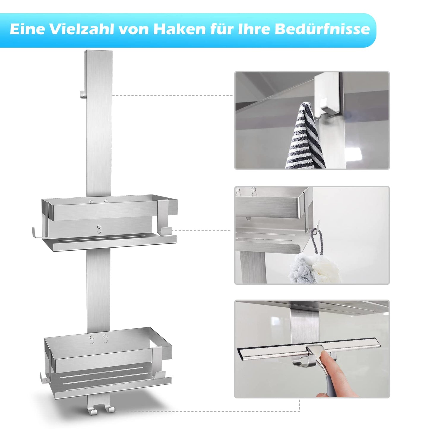 Uuleever hanging shower caddy, stainless steel SUS304, no drilling for frameless glass door, shampoo holder for shower (Style A - Silver).