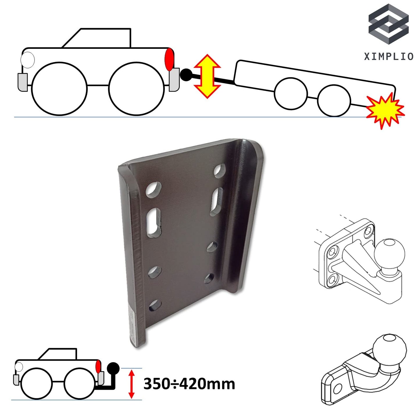 XIMPLIO Universal Adapter Plate Adjustment Ball Height Ball Adjustment Plate with ABE for Trailer Hitch Trailer Coupling AHK Screw-on Plate 2-Hole 90mm / 4-Hole 83x56mm (with Screws 4xM12)